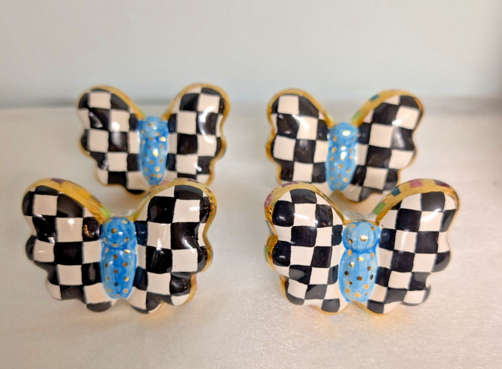 MacKenzie-Childs Butterfly Knobs Courtly Check Retired, Set of 4